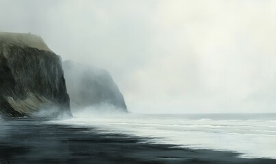 Obraz premium Foggy coastal landscape with smooth black sand beach and misty cliffs