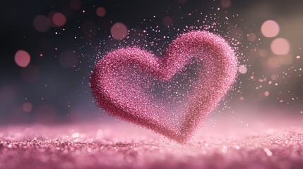 Obraz premium Pink glitter forming a heart shape dissolving over a sparkly pink background with bokeh, celebrating valentine's day, women's day or spring, symbolizing love and affection