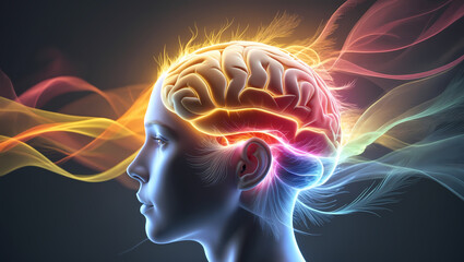 Side view of a head with pulsating waves of fiery gold and icy blue energy, symbolizing clarity and memory, on a dark gradient background.