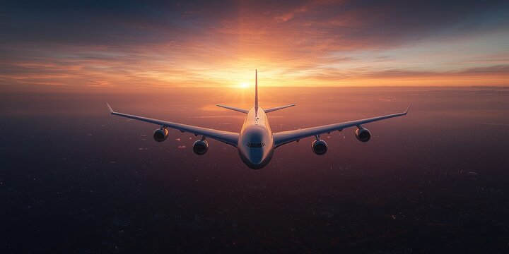 Aerial view of an airplane flying towards a sunset over a cityscape.