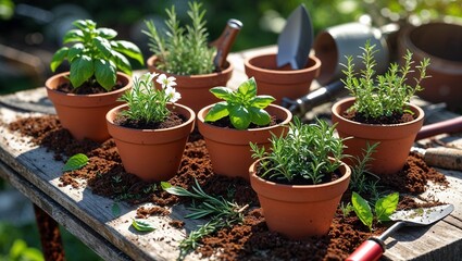 Potted herbs and gardening tools on a rustic outdoor table