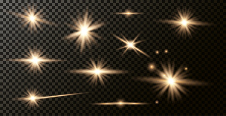 Light effect of lens flares. Set of o light starburst effects with sparkles on a grey transparent background. 