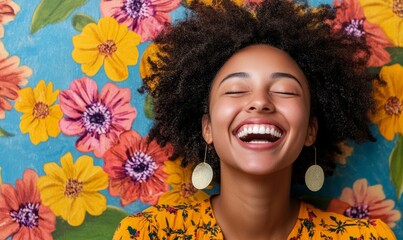 Joyful Young Woman Laughing Against Floral Background