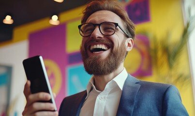 Sales manager celebrating a successful deal, holding a phone mid-conversation, dynamic energy in a vibrant office, motivational posters in the background,