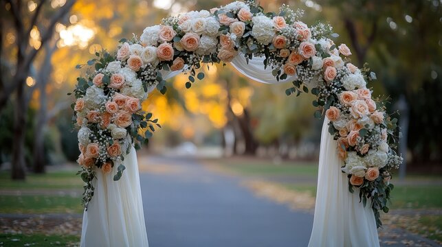Elegant floral wedding arch outdoors.