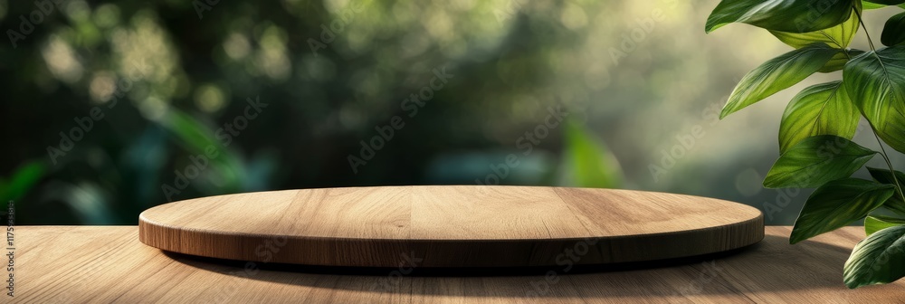 Poster empty round wooden tray is showcasing products on a wooden table, set against a backdrop of lush gre