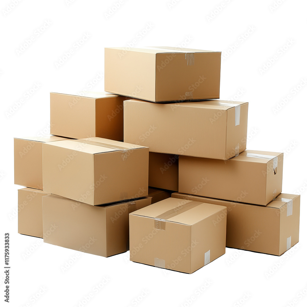Poster cardboard boxes stacked on a transparent background showcasing different sizes and arrangements for 