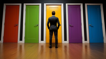 A businessman in a suit stands before four colorful doors, symbolizing decision-making, opportunity, and choice in a professional or life-changing moment..