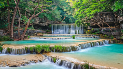 View of a Tiered Waterfall with Clear Blue Water in the Middle of a Lush Green Forest