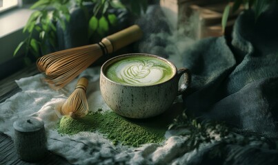 Lush green matcha latte in a ceramic cup, surrounded by matcha powder and a traditional whisk, calming zen vibes,