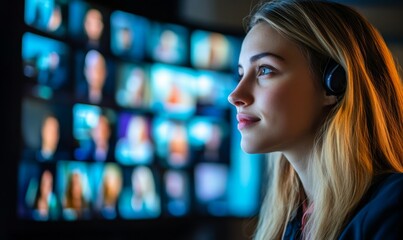 Businesswoman Focused on a Virtual Meeting with Blurred Background of Screens
