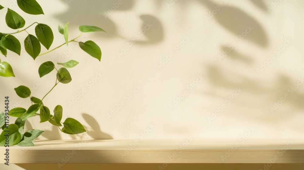 Poster Minimalist interior design featuring an empty wooden shelf with plant branches casting shadows on a beige wall, creating a serene and natural atmosphere with copy space