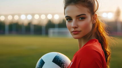portrait of young woman who plays professional soccer, standing on a soccer field in her team uniform. holding a soccer ball under one arm, her expression full of determination and pride, copyspace