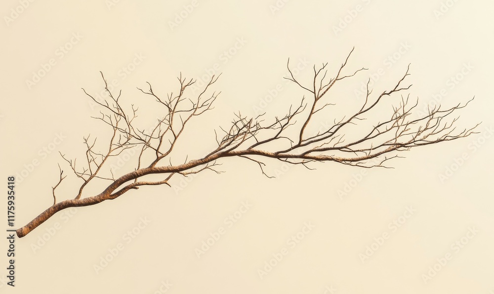 Poster leafless tree branch with symmetrical twigs, centered on a gradient beige backdrop, embodying natura