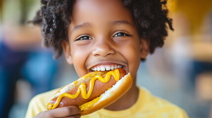 An African American boy eating a hot dog with mustard, with a big bite taken out