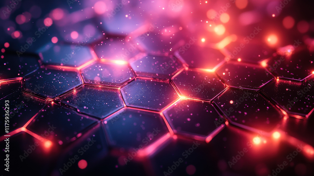 Aufkleber exploration of a futuristic digital landscape with hexagonal patterns and glowing lights