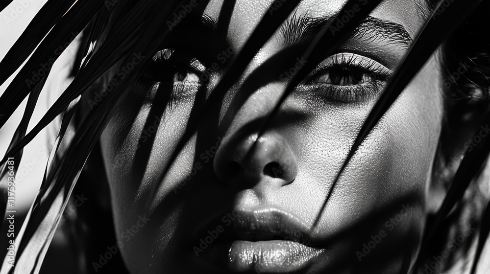Aufkleber person with captivating eyes partially covered by shadow patterns from palm leaves in a striking bla