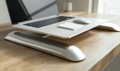 Minimalist workspace setup with a sleek silver laptop, wireless mouse, and a single notepad, set against a smooth wooden desk,