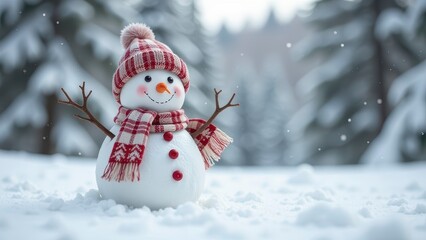 Obraz premium Snowman wearing red and white scarf and hat standing in snowy forest during snowfall