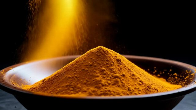 Golden turmeric spice powder falling gently, under soft lighting, ideal for food and culinary visuals