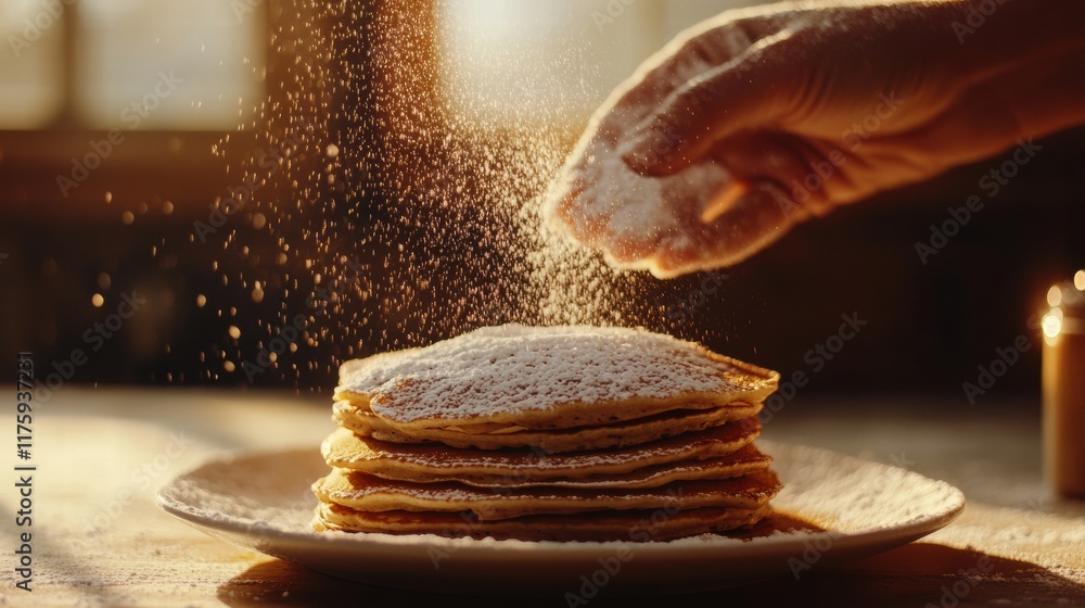 Poster hands sprinkle powdered sugar over deliciously stacked pancakes in a warm breakfast setting. generat