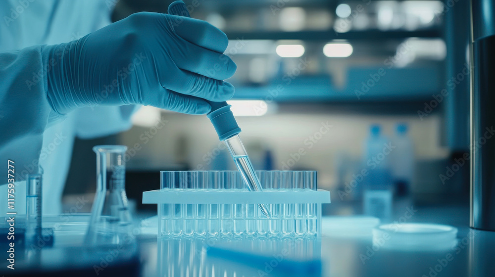 Poster scientist conducts experiment in laboratory using pipette and test tubes during research
