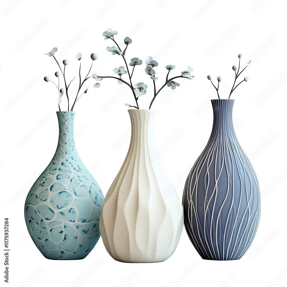 Poster elegant vases displaying delicate flowers against a minimalistic transparent background, beautiful v