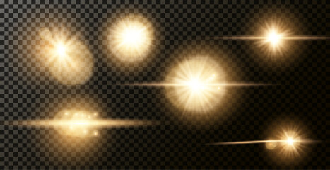 Light effect of lens flares. Set of o light starburst effects with sparkles on a grey transparent background. 