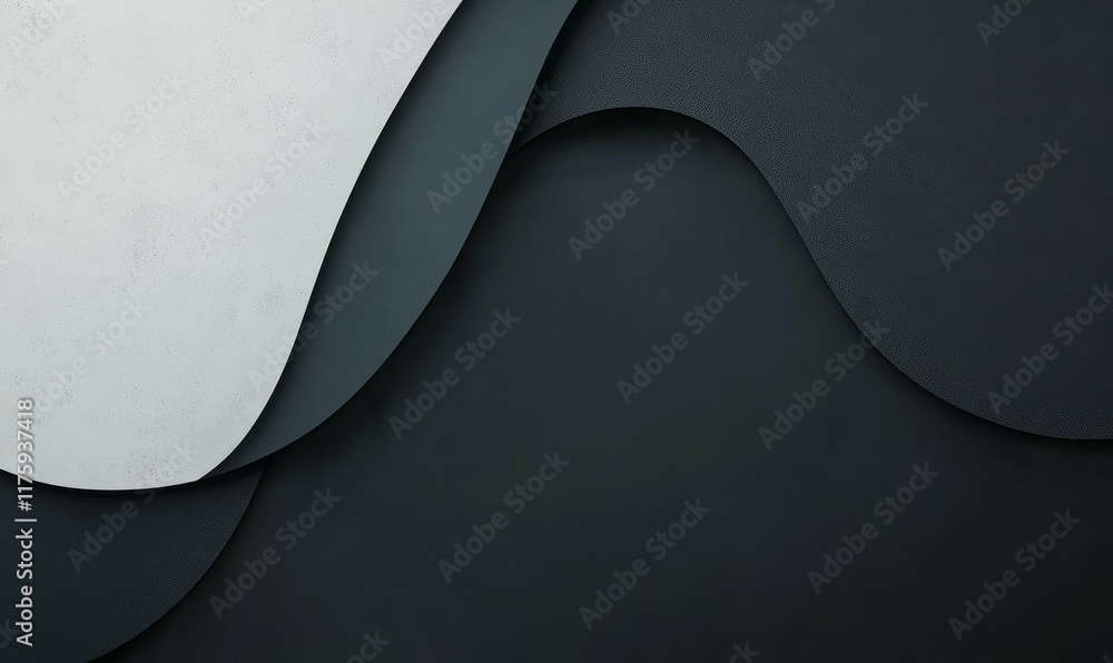 Poster gray black white glowing abstract gradient shape on black grainy background with minimal header desi
