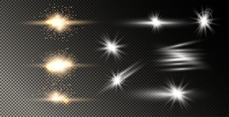 Light effect of lens flares. Set of o light starburst effects with sparkles on a grey transparent background. 