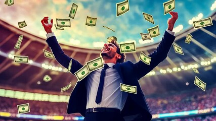 A young Caucasian man in a suit exuberantly throws cash into the air in a stadium, symbolizing success and triumph. The vibrant atmosphere captures a moment of celebration, happiness, and achievement.