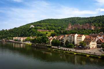 Cityscape of Heidelberg City, Germany, with Heidelberg Castle, overlooking the Neckar River Valley...