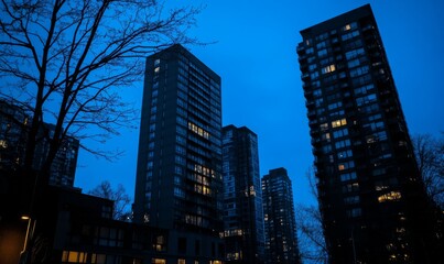 Observing tall buildings silhouetted against the dark blue night.