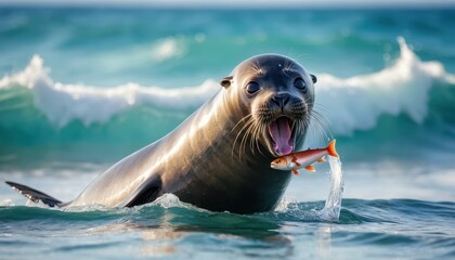 Playful seal enjoying the ocean waves, holding a vibrant orange fish. A lively marine scene capturing the beauty of aquatic wildlife in action