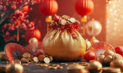 In this 3D render, I have rendered a big golden bag filled with qians surrounded by Chinese fans, lanterns, and coins.