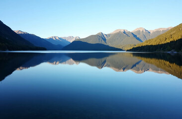 AI-generated calm lake reflecting trees, mountains, and blue sky
