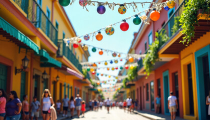 Fototapeta premium Holiday-themed street decorations in daylight during bustling Carnaval scene in Brasil