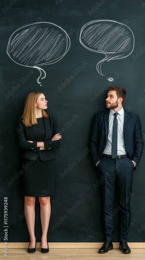 Poster Two businesspeople standing in front of a blackboard, surrounded by chalk speech bubbles and question marks, engaging in a brainstorming session filled with ideas