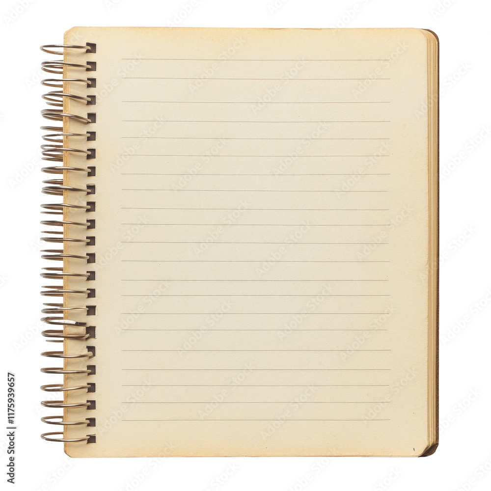 Poster blank notebook paper with a ring spine on a transparent background ready for notes or sketches, blan