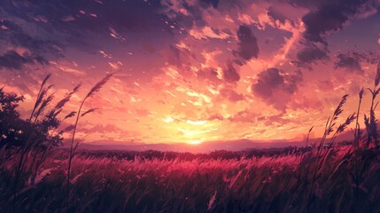 Obraz premium Vibrant sunset over a field of tall grass.