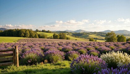 Fototapeta premium Lavender fields basking in spring sunlight, countryside tranquility