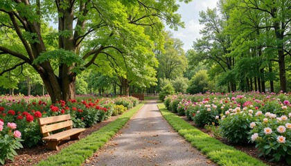 Obraz premium Scenic trail bordered by blooming roses in public garden, spring beauty