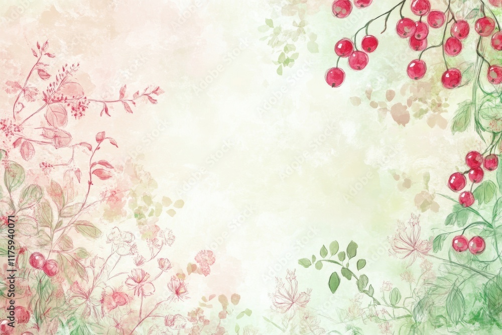 Poster hand drawn doodle of vibrant berries and delicate flowers in a soft pastel background created in a p