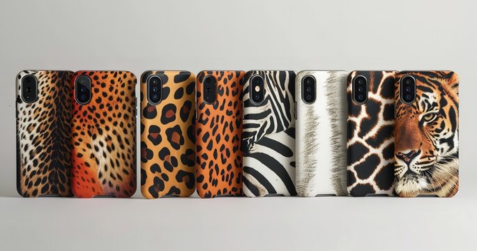 These smartphone cases are arranged in two rows on a white background and include a variety of animal print patterns, such as zebra, tiger, leopard, and cheetah designs, Generative AI. - Powered by Adobe