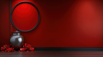 Red background with circular window and traditional elements featuring an ancient jar and scattered flowers
