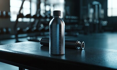 Sports water bottle mockup on a gym bench, light sweat drops, sleek design and metallic highlights, modern and active lifestyle concept,