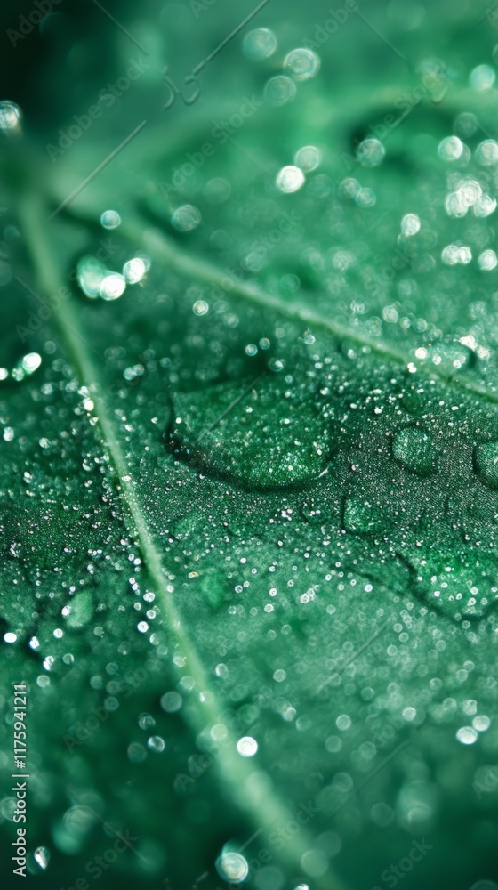 Poster sparkling droplets of dew clinging to a vibrant green leaf create a mesmerizing display of nature's 
