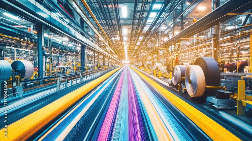 Poster vibrant motion in industrial environment with colorful light trails and manufacturing machinery crea