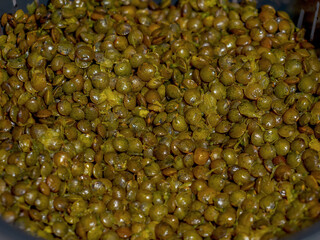 green lentils cooked photo from above, food for vegetarians and people leading a healthy lifestyle
