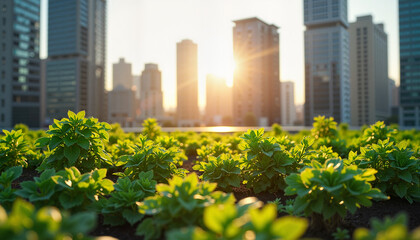 Fototapeta premium Urban garden rooftop with cityscape and skyscrapers in early afternoon light for Earth Day